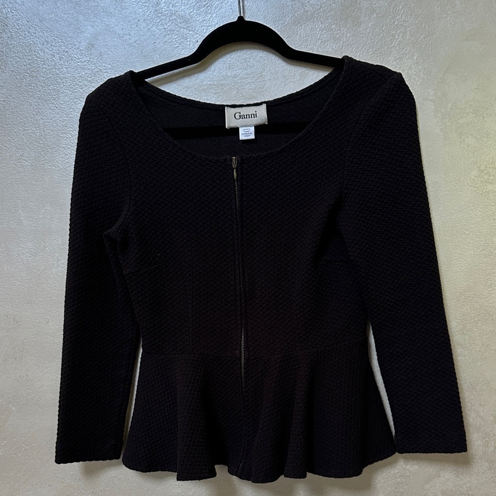 EUC Ganni Black Textured Zip Peplum Blouse sz medium